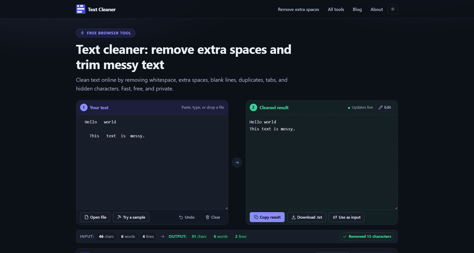 Free Text Cleaner web application screenshot